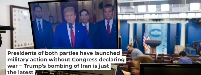 President Donald Trump is seen on a monitor in the White House press briefing room on June 21, 2025, after the U.S. military strike on three sites in Iran. AP Photo/Alex Brandon